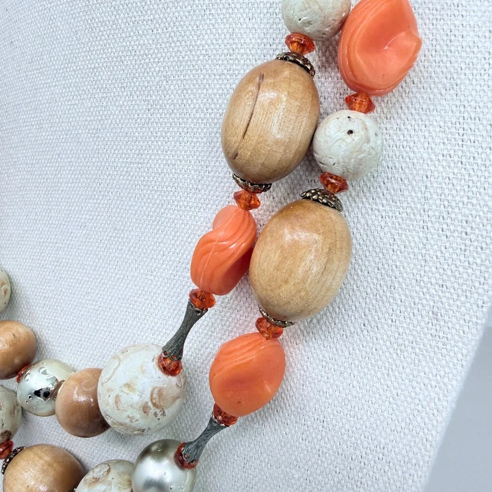 Arthur Pepper Vintage Necklace Double Strand Wood Stone Coral‎ Bead Mid Mod